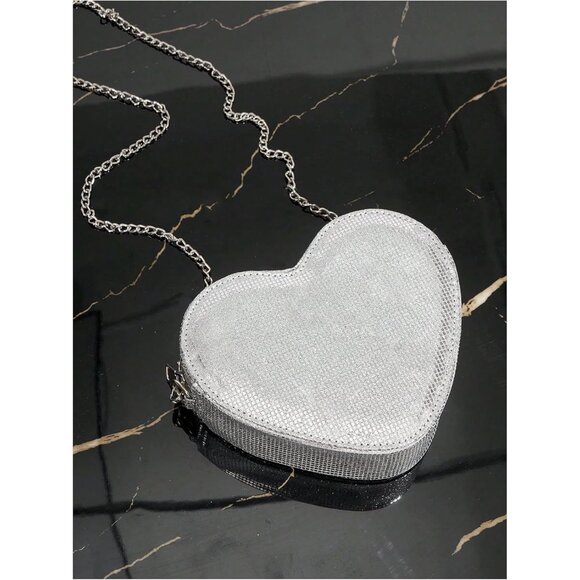 Women's Mini Heart Purse Crossbody Bag Zipper Chain Silver Evening Gift - Picture 5 of 6